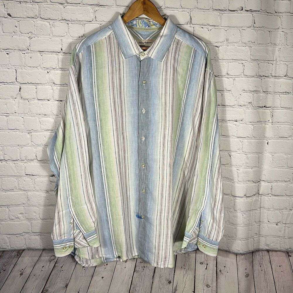 Tommy Bahama Relax Linen Shirt‎ Striped Long Sleeve Shirt size XXL Pink BLue